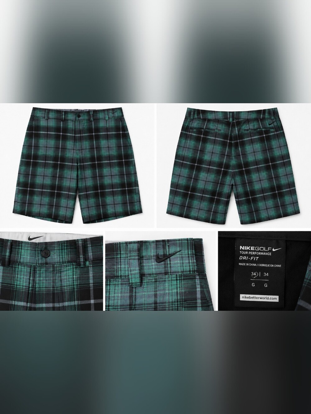 Nike Golf Dri-FIT Tour Performance Plaid Golf Shorts Men's 34 Green Black.